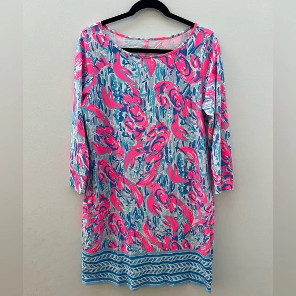 Lilly Pulitzer Blue Pink Lobster Cracked Up Cosmic Coral Marlowe Dress Large - Picture 15 of 16